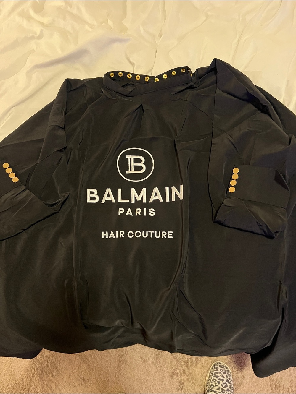 Balmain Black Satin Hairstylist cape with Gold Buttons
